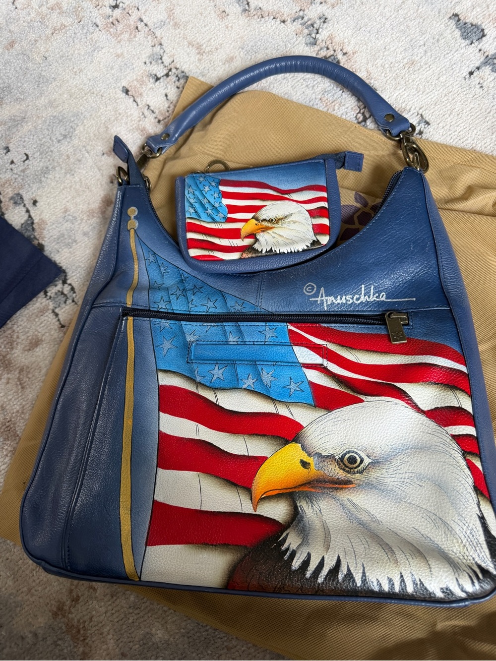 Anuschka Hand-Painted Blue Leather Eagle & American Flag Hobo Bag